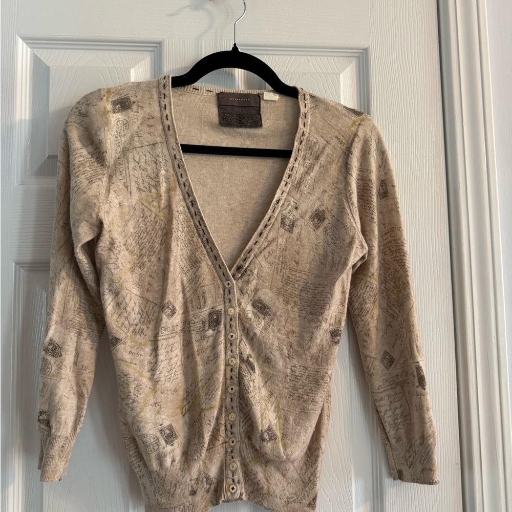 Anthropologie Neutral Script-Print V-Neck Button Cardigan
